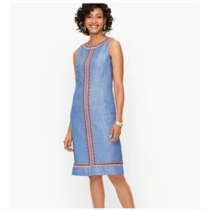 Talbots Dress Size 4 Petite Blue Linen Cotton Blend Embroidered Lined Sleeveless
